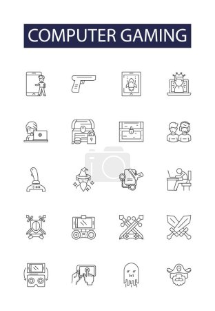 Téléchargez les illustrations : Icônes et signes vectoriels de ligne de jeu informatique. Jeu, Console, Stratégie, Tirer, Aventure, RPG, Virtuel, Schéma vectoriel multijoueur - en licence libre de droit