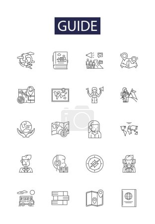 Illustration for Guide line vector icons and signs. Lead, Direct, Counsel, Show, Illuminate, Monitor, Supervise, Mentor vector outline illustration set - Royalty Free Image