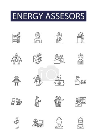 Illustration for Energy assesors line vector icons and signs. Assessors, Evaluators, Auditors, Analysts, Inspectors, Examiners, Appraisers, Surveyors vector outline illustration set - Royalty Free Image