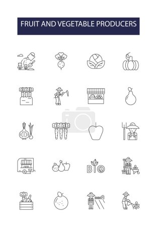 Illustration for Fruit and vegetable producers line vector icons and signs. Fruit, Vegetable, Orchard, Farm, Grower, Gardener, Farmer, Field vector outline illustration set - Royalty Free Image