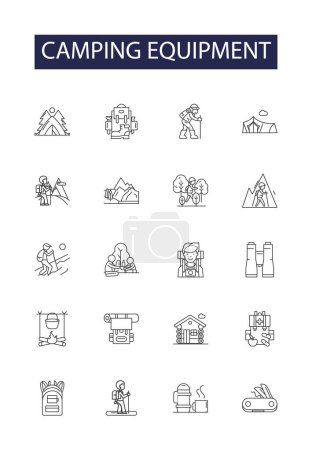 Illustration for Camping equipment line vector icons and signs. Sleeping bag, Mat, Backpack, Camping stove, Lantern, Flashlight, Axe, Knife vector outline illustration set - Royalty Free Image