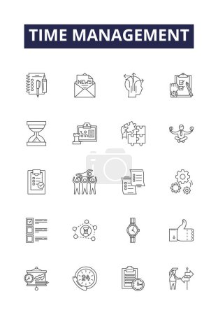 Illustration for Time management line vector icons and signs. Organizing, Prioritizing, Planning, Delegating, Streamlining, Allocating, Blocking, Concentrating vector outline illustration set - Royalty Free Image