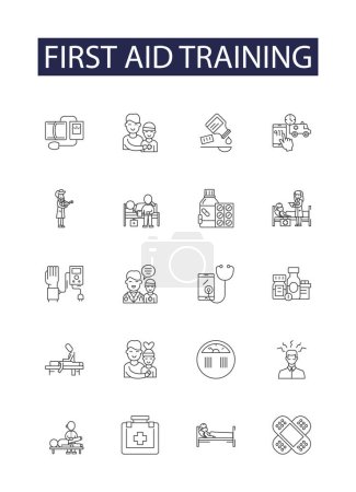 Illustration for First aid training line vector icons and signs. training, CPR, treatments, healing, life-saving, resuscitation, wounds, emergency vector outline illustration set - Royalty Free Image