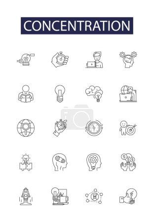 Illustration for Concentration line vector icons and signs. Attention, Intensity, Study, Clarity, Single-mindedness, Resolution, Meditation, Resolve vector outline illustration set - Royalty Free Image