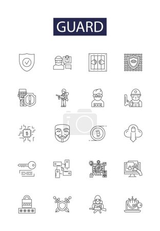 Illustration for Guard line vector icons and signs. Defender, Custodian, Keeper, Shield, Preserver, Protector, Warden, Watchman vector outline illustration set - Royalty Free Image