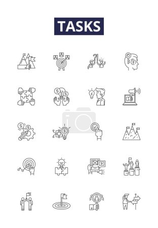 Illustration for Tasks line vector icons and signs. Assignments, Projects, Exercises, Responsibilities, Objectives, Obligations, Goals, Missions vector outline illustration set - Royalty Free Image