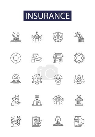 Insurance line vector icons and signs. Coverage, Risk, Liability, Protect, Underwrite, Deductible, Surety, Reinsurance vector outline illustration set