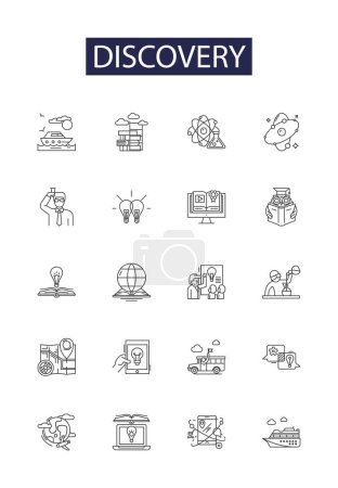 Illustration for Discovery line vector icons and signs. Locate, Uncover, Discover, Identify, Unearth, Realize, Spot, Invent vector outline illustration set - Royalty Free Image