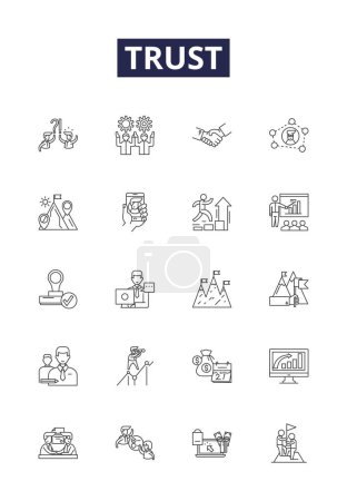Illustration for Trust line vector icons and signs. Loyalty, Credence, Credibility, Assurance, Depend, Faith, Certainty, Veracity vector outline illustration set - Royalty Free Image