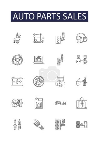 Illustration for Auto parts sales line vector icons and signs. Parts, Sales, Car, Truck, Engine, Suspension, Accessories, Exhaust vector outline illustration set - Royalty Free Image