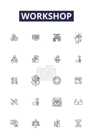 Illustration for Workshop line vector icons and signs. Tutorial, Symposium, Conference, Instructional, Courses, Training, Skillshare, Forum vector outline illustration set - Royalty Free Image