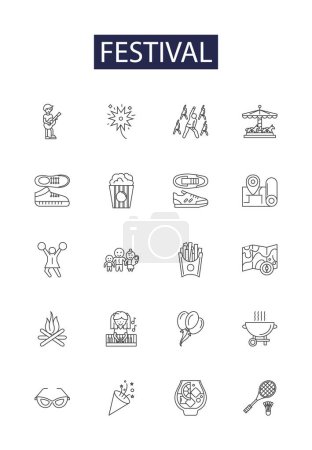 Illustration for Festival line vector icons and signs. gather, gaiety, carnival, jubilee, fete, muster, fair, festivity vector outline illustration set - Royalty Free Image