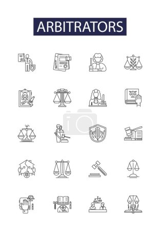 Ilustración de Los árbitros línea vectorial iconos y signos. Mediadores, Árbitros, Jueces, Negociadores, Evaluadores, Conciliadores, Jueces, Árbitros esquema de vectores conjunto de ilustración - Imagen libre de derechos