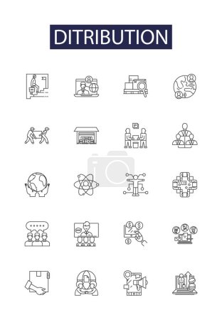 Illustration for Ditribution line vector icons and signs. Circulate, Spread, Disseminate, Allocate, Disburse, Diffuse, Mete, Partition vector outline illustration set - Royalty Free Image