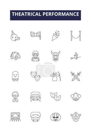 Illustration for Theatrical performance line vector icons and signs. Show, Drama, Comedy, Act, Skit, Stint, Scene, Rehearsal vector outline illustration set - Royalty Free Image