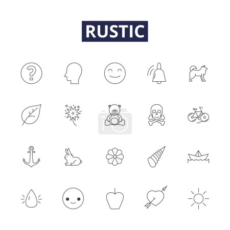 Illustration for Rustic line vector icons and signs. bucolic, rural, uncivilized, unsophisticated, primitive, coarse, rusticated, homespun vector outline illustration set - Royalty Free Image