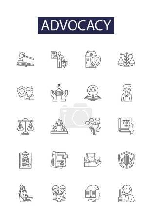 Illustration for Advocacy line vector icons and signs. Campaigning, Promotion, Pleading, Lobbying, Upholding, Supporting, Defending, Asserting vector outline illustration set - Royalty Free Image