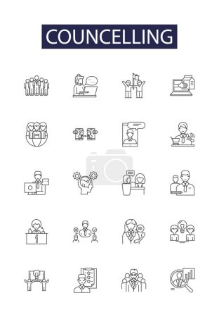 Illustration for Councelling line vector icons and signs. Advice, Guidance, Psychotherapy, Therapy, Talking, Listening, Mentoring, Support vector outline illustration set - Royalty Free Image