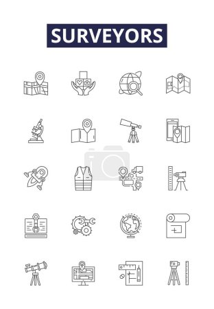 Illustration for Surveyors line vector icons and signs. Mapping, Geologists, Survey, Measurement, Surveying, Geomatics, Civil, Cartography vector outline illustration set - Royalty Free Image