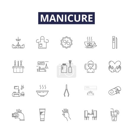 Illustration for Manicure line vector icons and signs. Cuticle, Polish, File, Trim, Buffer, Clean, Soak, Clippers vector outline illustration set - Royalty Free Image