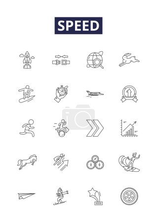 Illustration for Speed line vector icons and signs. Quick, Speedy, Rapid, Fast, Fleet, Rapidly, Hurry, Expeditious vector outline illustration set - Royalty Free Image