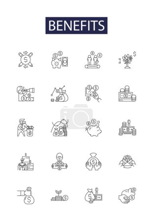 Illustration for Benefits line vector icons and signs. Advantages, Perks, Profits, Bonuses, Gains, Proficiencies, Dividends, Amenities vector outline illustration set - Royalty Free Image