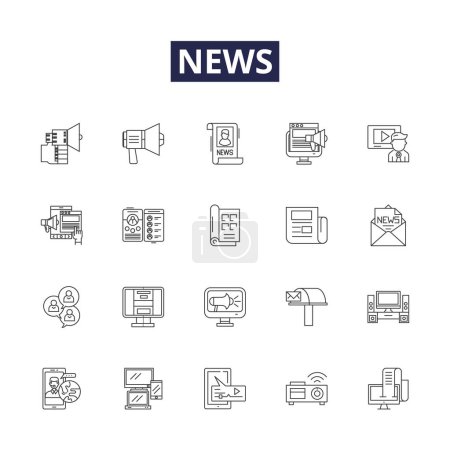 Illustration for News line vector icons and signs. breaking news, headlines, journalism, media, papers, story, coverage, headline vector outline illustration set - Royalty Free Image