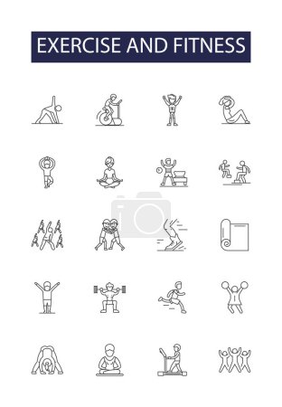 Illustration for Exercise and fitness line vector icons and signs. fitness, workout, aerobics, running, cardio, strength, toning, biking vector outline illustration set - Royalty Free Image