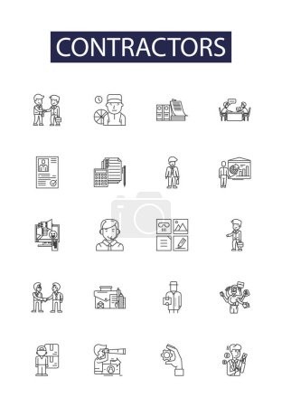 Illustration for Contractors line vector icons and signs. Subcontractors, Building, Construction, Remodeling, Renovating, Plumbing, Electrical, Carpentering vector outline illustration set - Royalty Free Image