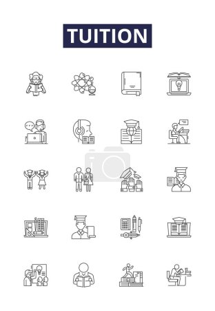 Illustration for Tuition line vector icons and signs. Fees, Education, Learning, Cost, Enrollment, Classes, Training, Outlay vector outline illustration set - Royalty Free Image