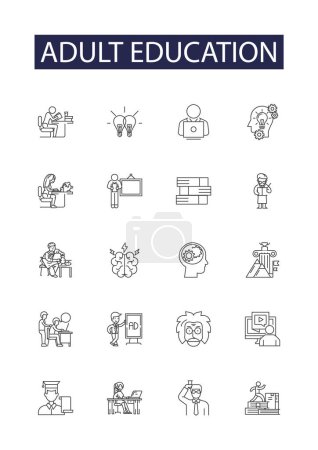 Ilustración de Línea de educación de adultos vector de iconos y signos. Educación, Aprendizaje, Clases, Clases, Cursos, Clases, Programas, Instructores vector esquema ilustración conjunto - Imagen libre de derechos