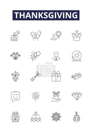 Illustration for Thanksgiving line vector icons and signs. stuffing, cranberry, harvest, pumpkin, festivities, family, gratitude, autumn vector outline illustration set - Royalty Free Image