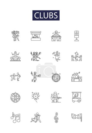 Illustration for Clubs line vector icons and signs. Clubs, Pub, Bar, Lounge, Nightclub, Cabaret, Danceclub, Saloon vector outline illustration set - Royalty Free Image