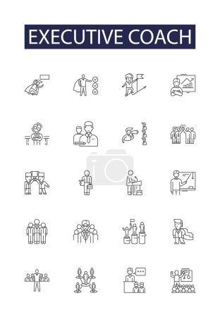 Illustration for Executive coach line vector icons and signs. Coach, Leadership, Mentor, Professional, Consultant, Manager, Adviser, Strategist vector outline illustration set - Royalty Free Image
