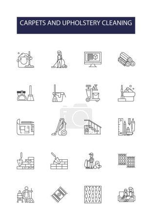 Illustration for Carpets and upholstery cleaning line vector icons and signs. Upholstery, Cleaning, Vacuuming, Shampooing, Steam, Stain, Remover, Deodorizing vector outline illustration set - Royalty Free Image