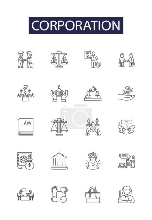Illustration for Corporation line vector icons and signs. Corporation, Enterprise, Business, Firm, Inc, Group, Organizational, Holding vector outline illustration set - Royalty Free Image