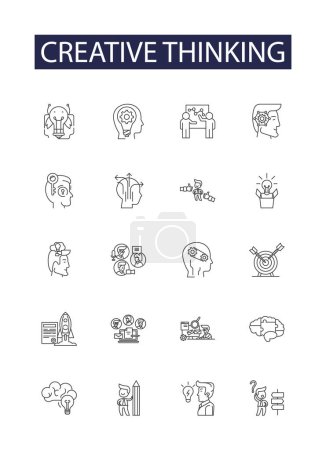 Illustration for Creative thinking line vector icons and signs. Brainstorming, Innovating, Designing, Inventing, Conceptualizing, Analyzing, Constructing, Problematic vector outline illustration set - Royalty Free Image