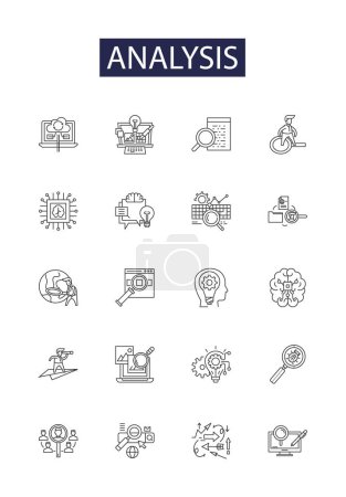 Illustration for Analysis line vector icons and signs. Assaying, Examine, Inspect, Investigate, Observe, Study, Analyzing, Appraise vector outline illustration set - Royalty Free Image