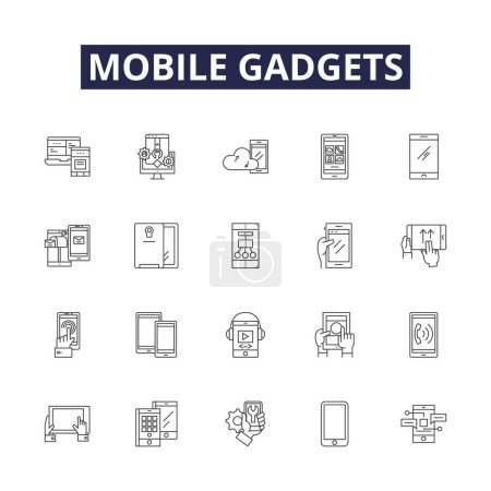 Illustration for Mobile gadgets line vector icons and signs. Tablets, Chargers, Cases, Earphones, Headphones, Smartwatches, Cables, Docks vector outline illustration set - Royalty Free Image