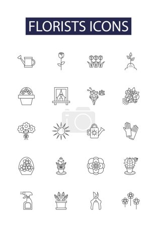 Ilustración de Floristas iconos línea vector iconos y signos. Iconos, ramos, jarrones, rosas, margaritas, artificial, suculentas, conjunto de ilustración de esquema de vector de ramo - Imagen libre de derechos
