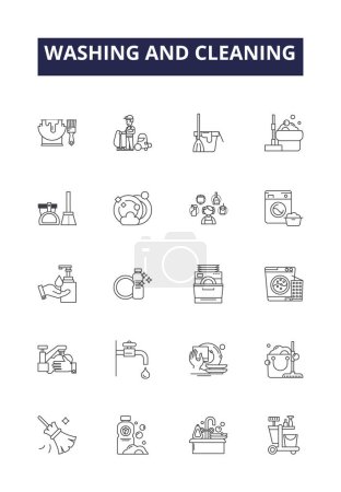 Illustration for Washing and cleaning line vector icons and signs. Scrubbing, Mopping, Wiping, Vacuuming, Brushing, Soaping, Sweeping, Sanitizing vector outline illustration set - Royalty Free Image