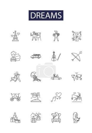 Illustration for Dreams line vector icons and signs. Ambition, Fantasies, Goals, Motivation, Hopes, Fantasize, Aspirations, Vision vector outline illustration set - Royalty Free Image
