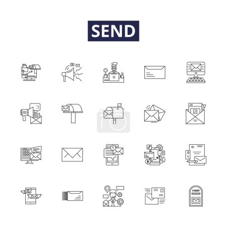 Illustration for Send line vector icons and signs. Post, Express, Transmit, Launch, Despatch, Transship, Convey, Forward vector outline illustration set - Royalty Free Image