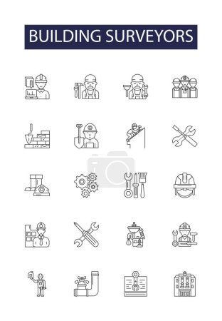 Illustration for Building surveyors line vector icons and signs. Building, Constructing, Mapping, Engineering, Designing, Architecture, Designers, Measurement vector outline illustration set - Royalty Free Image