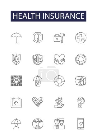 Illustration for Health insurance line vector icons and signs. Coverage, Policy, Plan, Group, Affordable, Premiums, Benefit, Uninsured vector outline illustration set - Royalty Free Image
