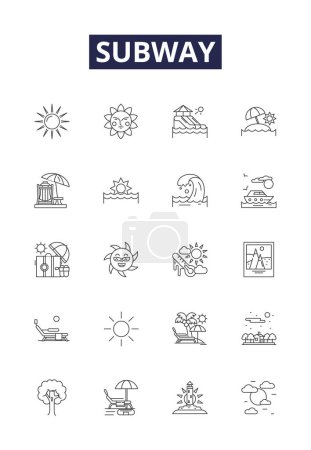 Illustration for Subway line vector icons and signs. subway-train, underground, metro, subway-line, transit, commuter, subway-system, rail vector outline illustration set - Royalty Free Image