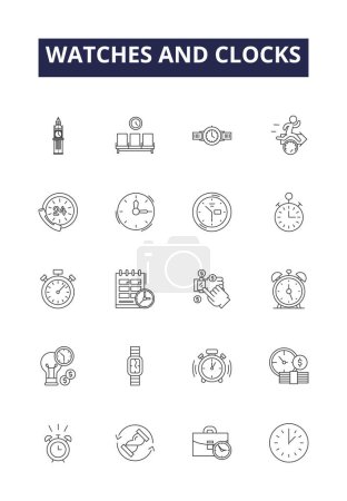 Illustration for Watches and clocks line vector icons and signs. Clocks, Timepieces, Chronometers, Timekeeping, Timers, Analogs, Digital, Quartz vector outline illustration set - Royalty Free Image