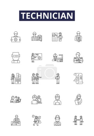 Illustration for Technician line vector icons and signs. Engineer, Technician, Specialist, Repairman, Serviceperson, Craftsman, Installer, Analyst vector outline illustration set - Royalty Free Image
