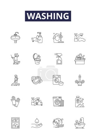 Illustration for Washing line vector icons and signs. Wiping, Scouring, Showering, Flushing, Cleaning, Soaking, Wringing, Sudsing vector outline illustration set - Royalty Free Image