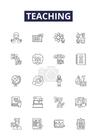 Illustration for Teaching line vector icons and signs. Educating, Mentoring, Coaching, Tutoring, Guiding, Lecturing, Ally-modelling, Training vector outline illustration set - Royalty Free Image